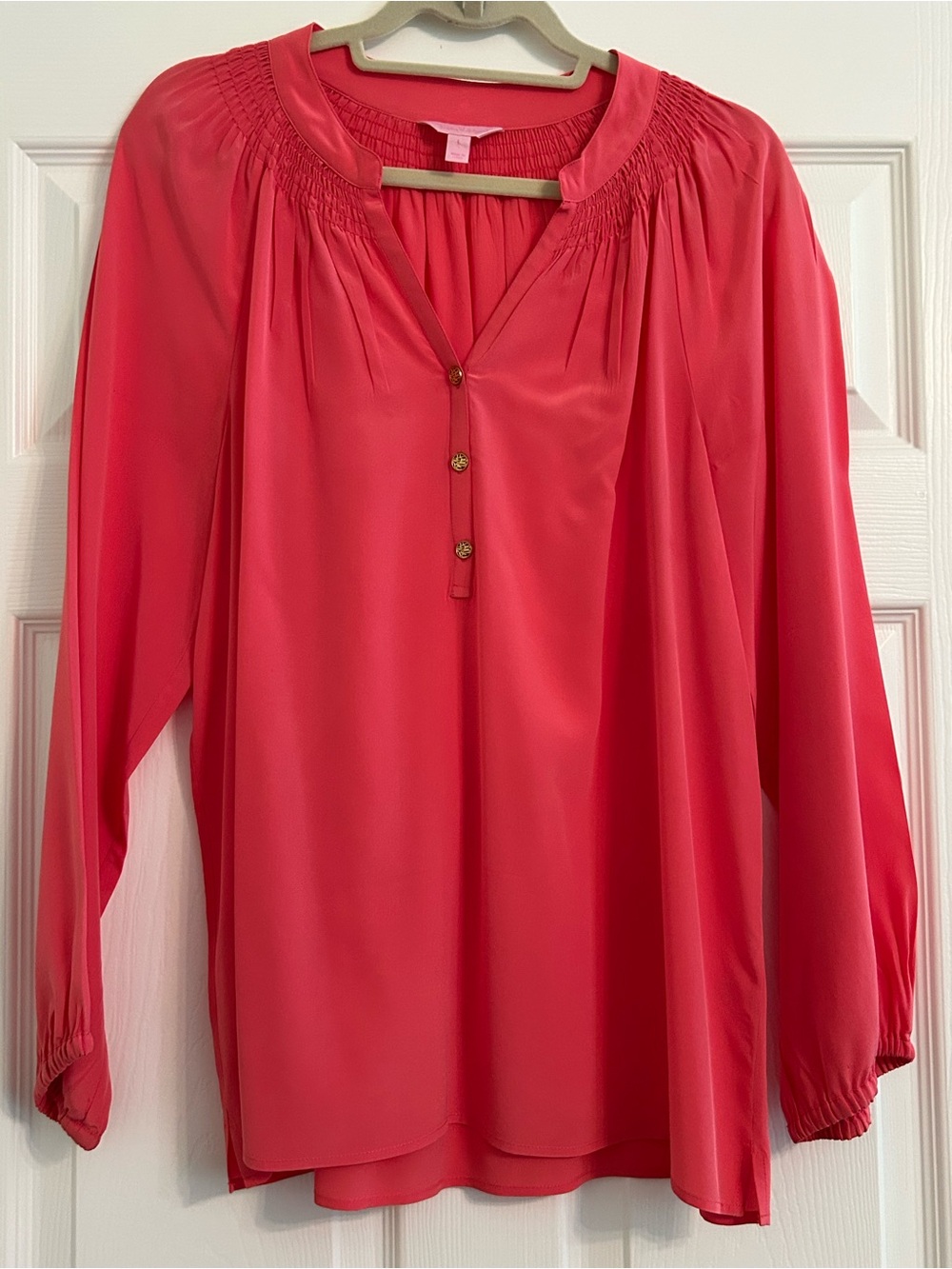 Lilly Pulitzer Elsa Silk Blouse, Coral Pink, size L, EUC